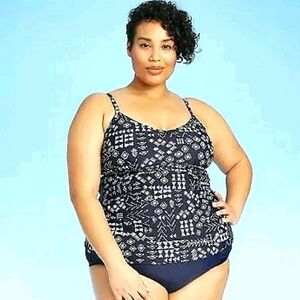 Kona Sol Navy Blue Ikat Print Tankini Top Plus Size 16W #